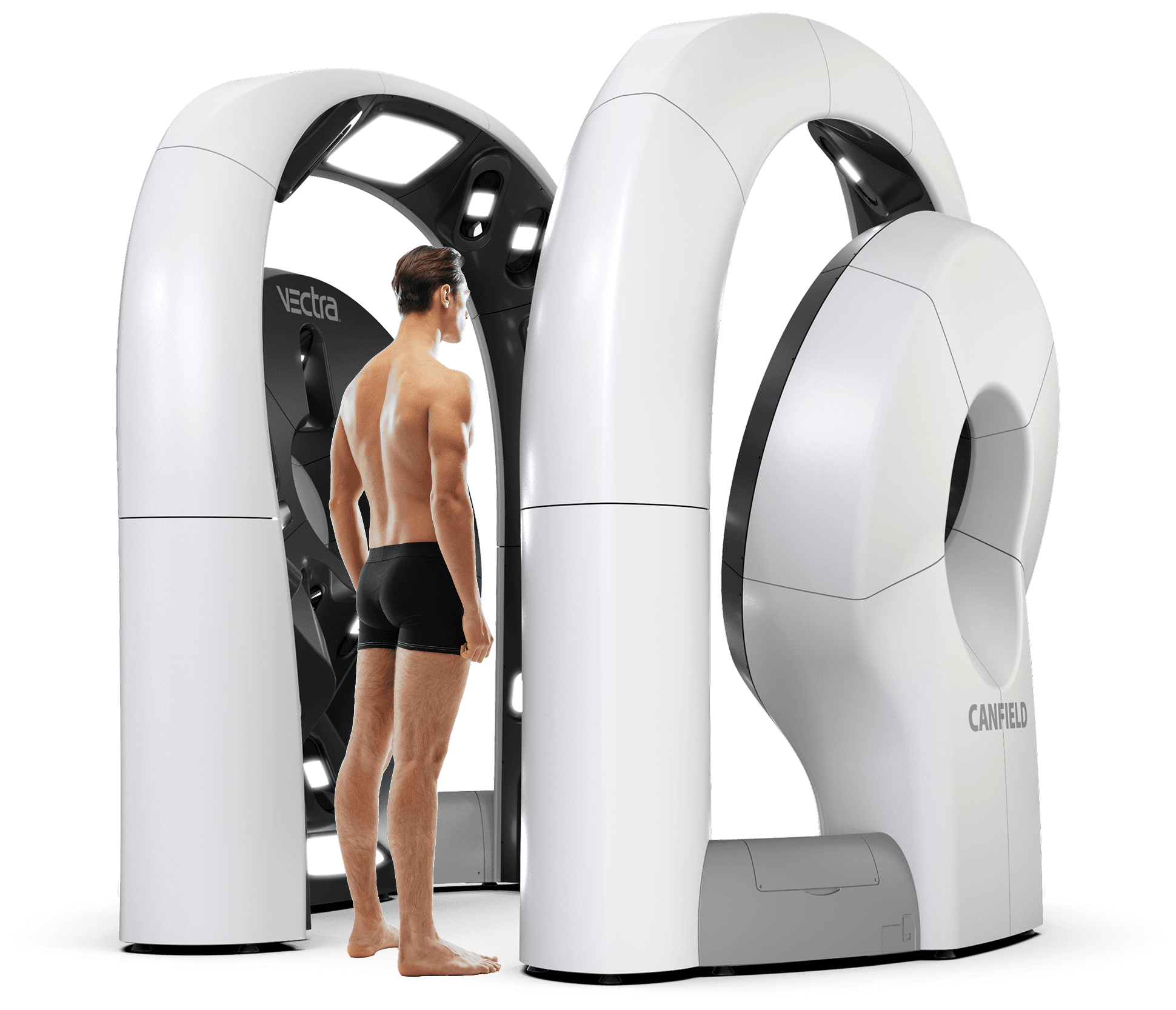 A patient standing inside the Canfield VECTRA WB360, a person-height ring of 92 cameras used for total body photography
